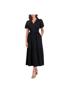French Connection Black V‑Neck Puff Sleeve Tiered Maxi Dress 100%cotton